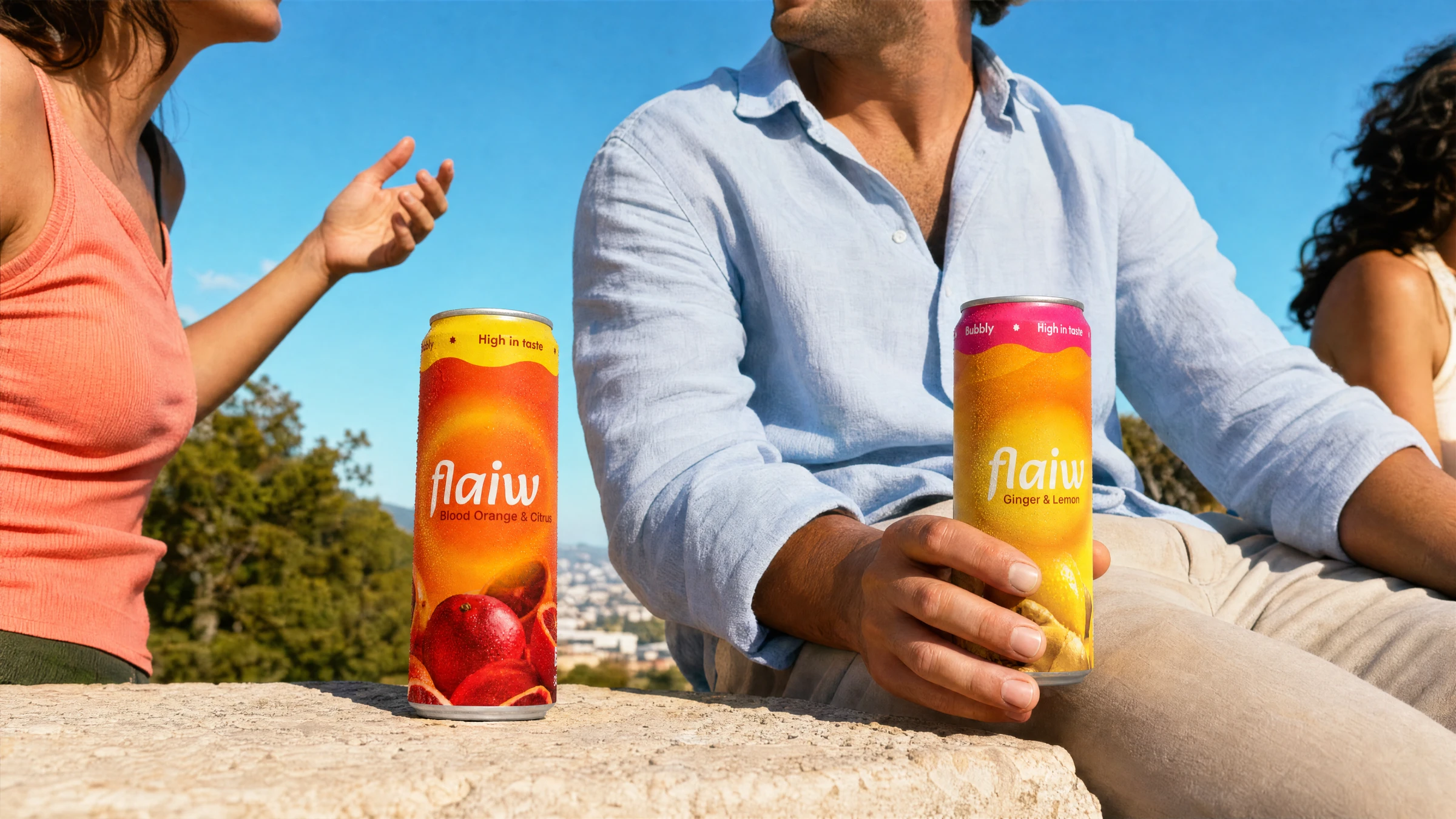Přátelé venku na slunci s plechovkou flaiw Blood Orange & Citrus