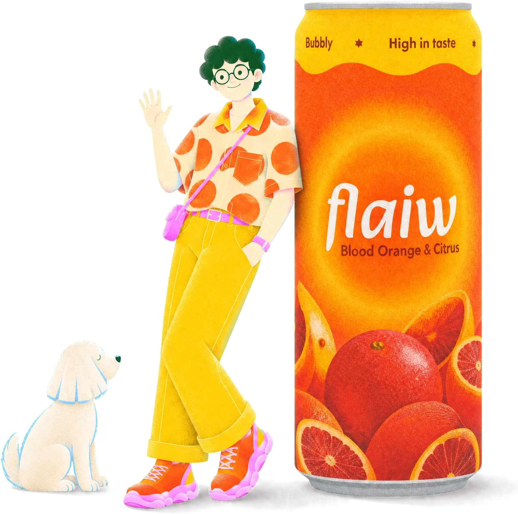 Kamarád flaiw se opírá o obří plechovku Blood Orange & Citrus a mává, vedle sedí pes