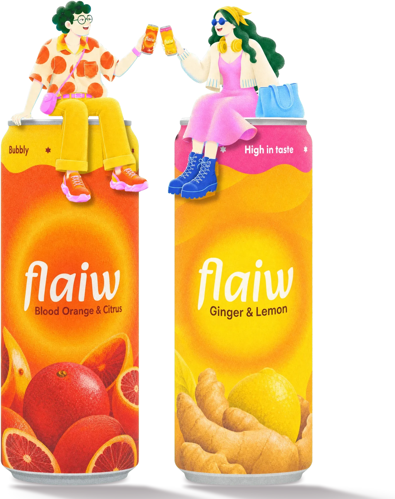 Dva kamarádi sedí na víčkách obřích plechovek flaiw Blood Orange & Citrus a Ginger & Lemon a ťukají si