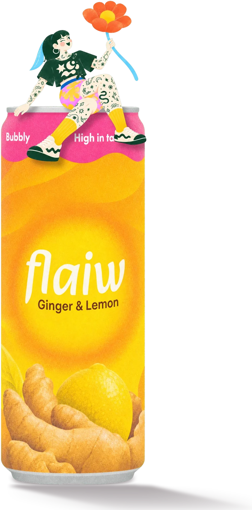 Kamarádka flaiw sedí na víčku obří plechovky Ginger & Lemon s květinou v ruce